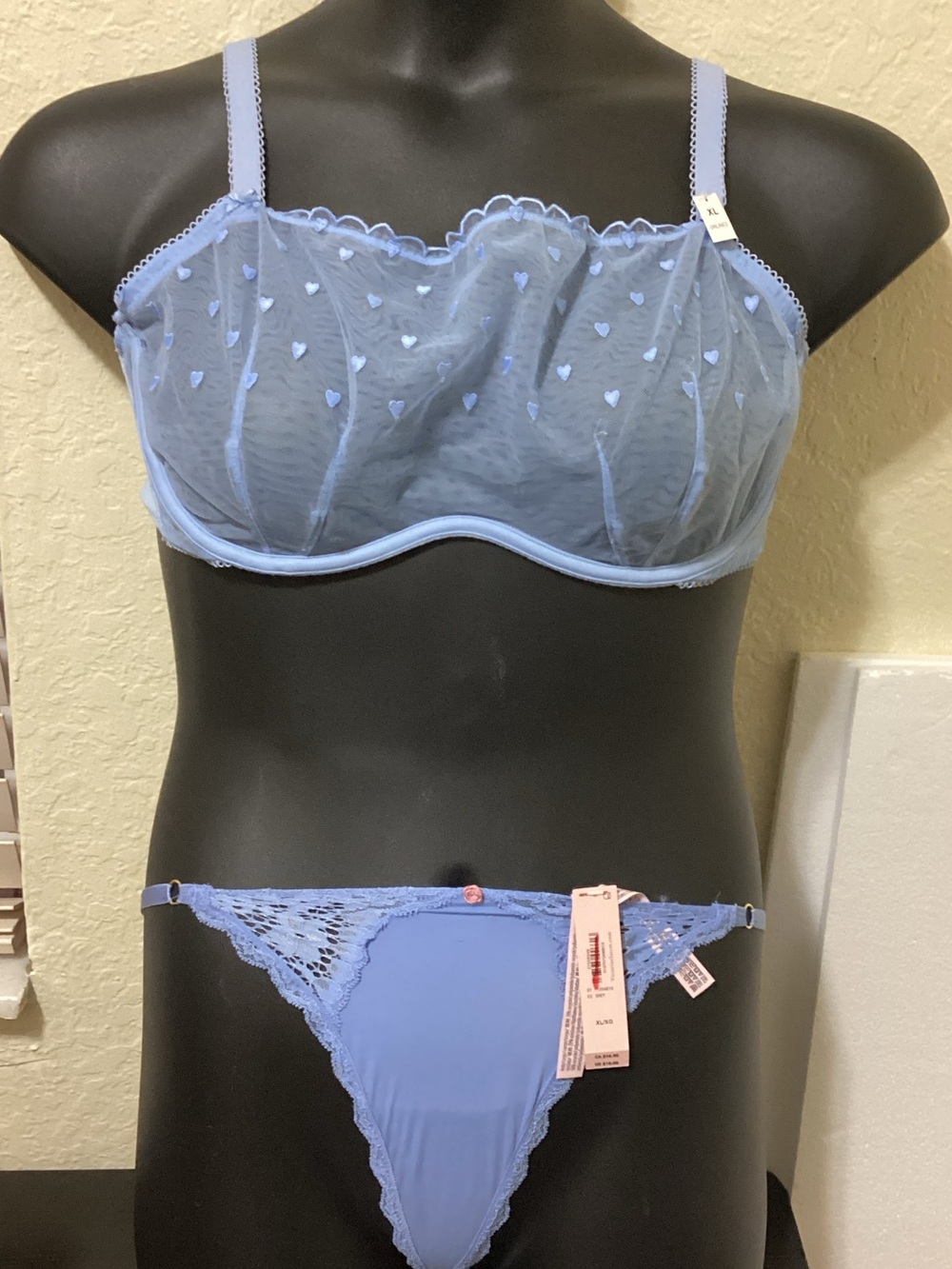 PINK Victoria's Secret Light Blue Sheer Heart Embroidered Bra & Lace Thong Set